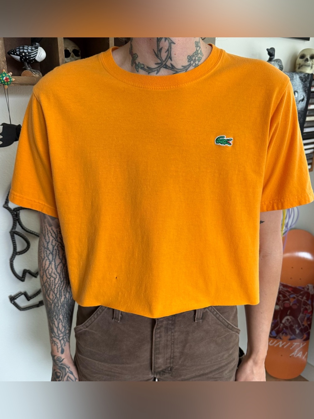 Lacoste Cropped Boxy Orange S/S Embroidered Crocodile Tee ~ Size Small